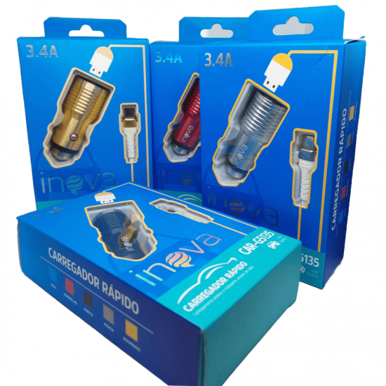 Carregador Veicular Inova Turbo 3.4a, com cabo Tipo C Duas entradas USB