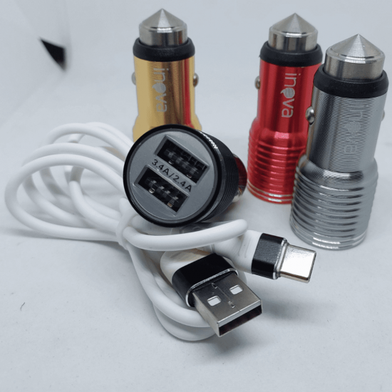Carregador Veicular Inova Turbo 3.4a, com cabo Tipo C Duas entradas USB