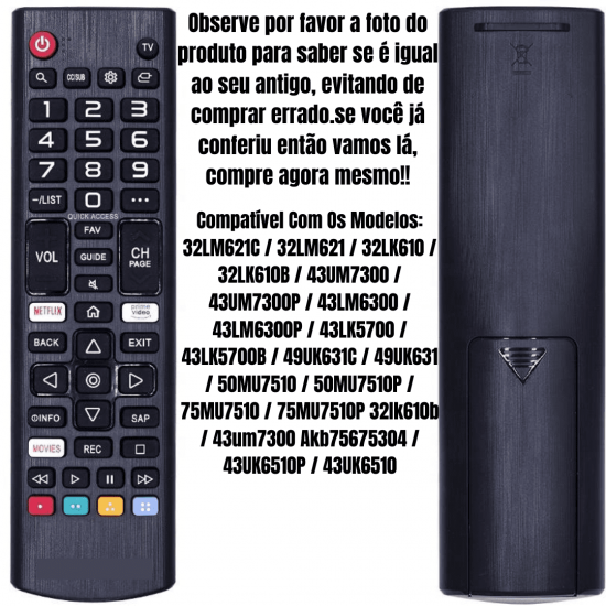 Controle Remoto Compatível c/ LG Smart Atalho Netflix Prime