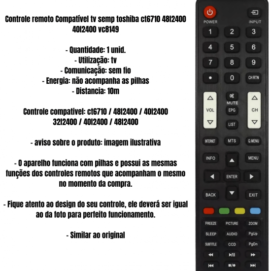 Controle remoto Compatível tv semp toshiba ct6710 48l2400 40l2400 vc8149