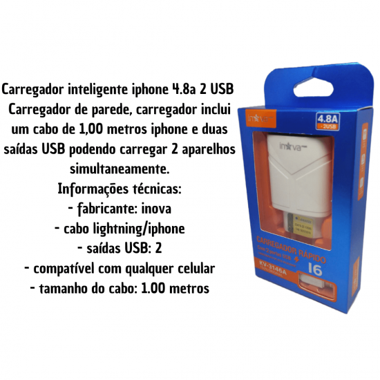 Carregador de celular turbo iphone  4.8a  2 usb lightning