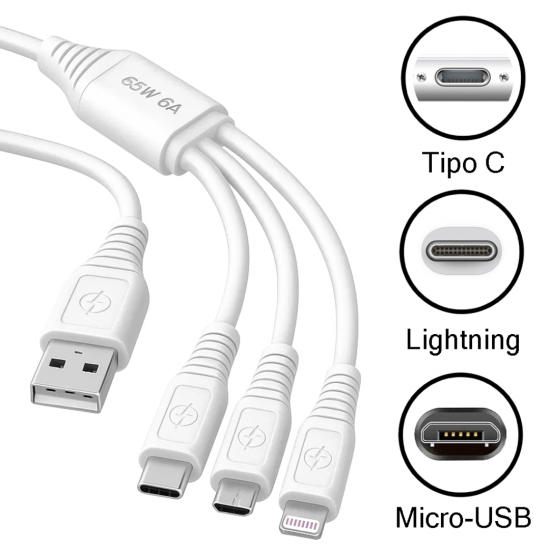 Cabo Carregador 65W Turbo 3 em 1 USB-C, Micro-USB e Lightning - Inova