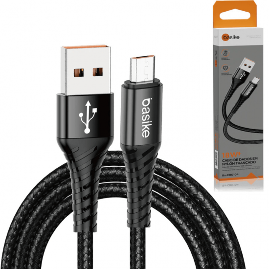 Cabo Carregador USB para Micro USB(V8)  Basike Ba CB0104 - 18W, 1 Metro, Nylon Trançado