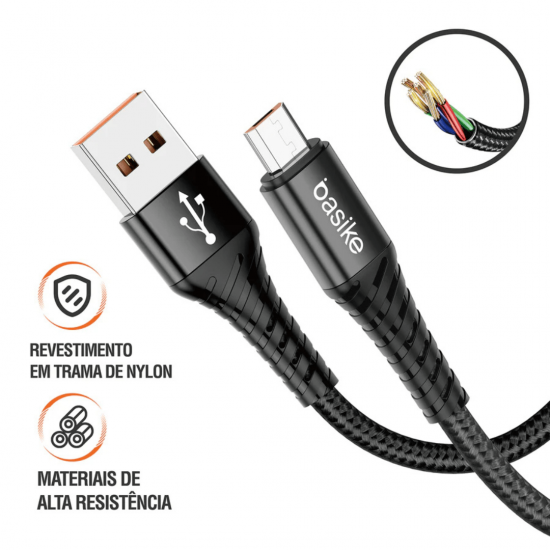 Cabo Carregador USB para Micro USB(V8)  Basike Ba CB0104 - 18W, 1 Metro, Nylon Trançado