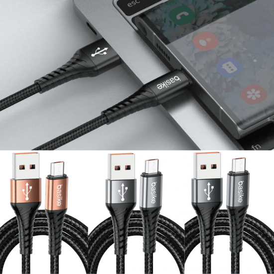 Cabo Carregador USB para Micro USB(V8)  Basike Ba CB0104 - 18W, 1 Metro, Nylon Trançado