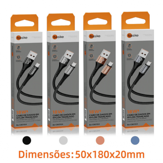 Cabo Carregador USB para Micro USB(V8)  Basike Ba CB0104 - 18W, 1 Metro, Nylon Trançado