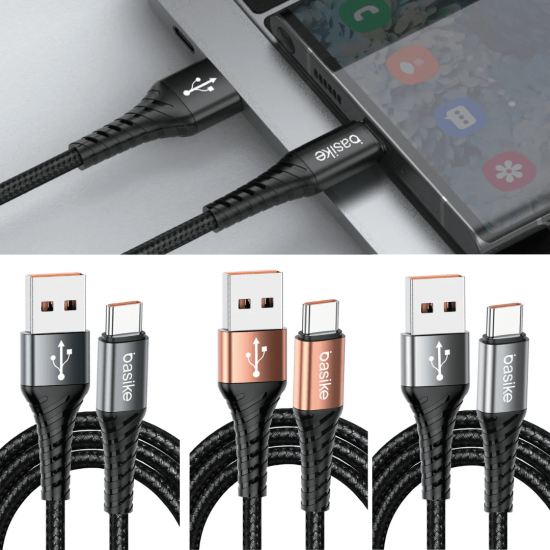 Cabo Carregador USB para USB-C Basike Ba CB0103 - 27W, 1 Metro, Nylon Trançado