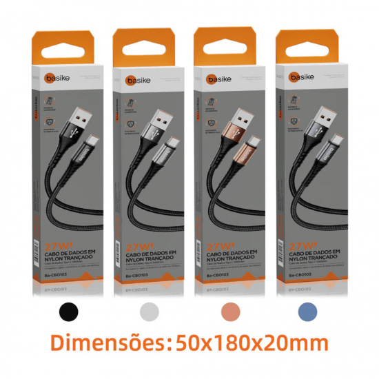 Cabo Carregador USB para USB-C Basike Ba CB0103 - 27W, 1 Metro, Nylon Trançado