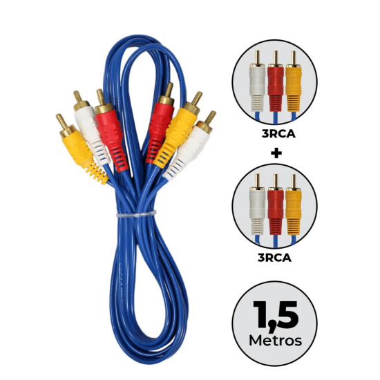 Cabo Rca AV 3 RCA X 3 RCA Macho Pontas douradas Áudio Vídeo 1,5 e 3,0 metros