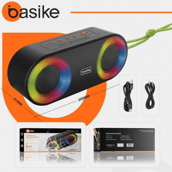 Caixa de Som Bluetooth Portátil Basike Ba RAD 027 - 10W, RGB, Hi-Fi, TWS, Super Bass, IP65