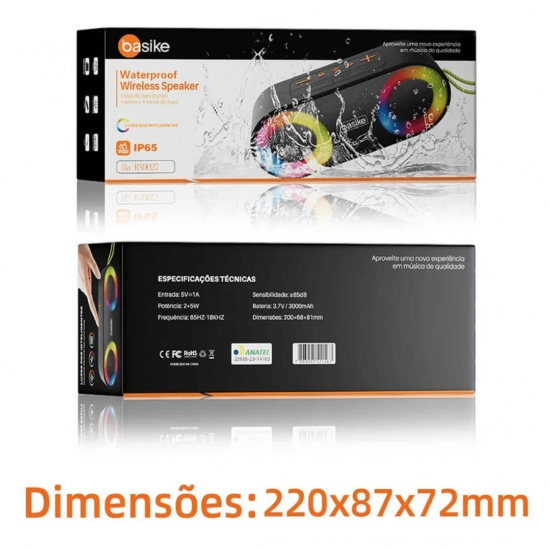 Caixa de Som Bluetooth Portátil Basike Ba RAD 027 - 10W, RGB, Hi-Fi, TWS, Super Bass, IP65