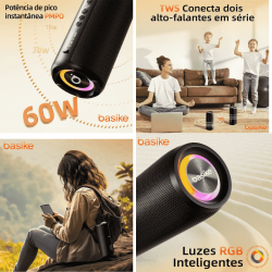 Caixa de Som Bluetooth Portátil Basike Ba RAD 033 - 60W, RGB, TWS, IPX6, Super Bass