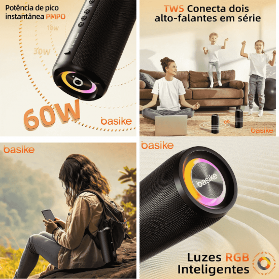 Caixa de Som Bluetooth Portátil Basike Ba RAD 033 - 60W, RGB, TWS, IPX6, Super Bass