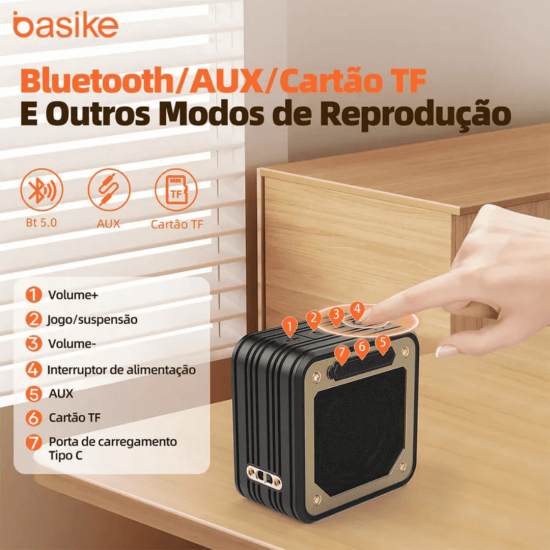 Caixa de Som Bluetooth Portátil Basike Ba RAD 060 - 8W, RGB, TWS, Hi-Fi, Super Bass, IPX6