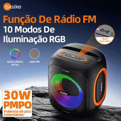 Caixa de Som Bluetooth Portátil Basike Ba RAD 127 - 30W, RGB, TWS, IPX5, Rádio FM