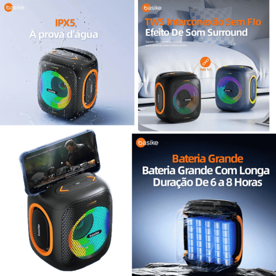 Caixa de Som Bluetooth Portátil Basike Ba RAD 127 - 30W, RGB, TWS, IPX5, Rádio FM