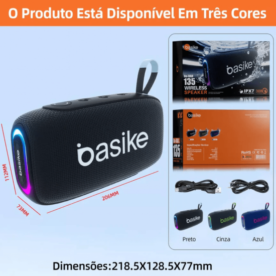 Caixa de Som Bluetooth Portátil Basike Ba RAD 135 - 30W, RGB, TWS, IPX7