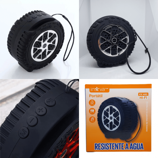 Caixa De Som Bluetooth Portátil Roda Preta Pneu Resistente A Água com Rádio Fm - INOVA KV-685
