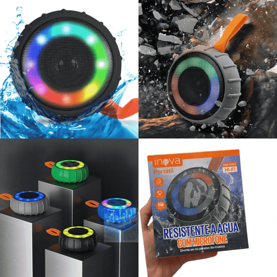 Caixa de Som Bluetooth USB Suporta Cartão Micro SD TF Resistente à Água com led rgb - inova rad-30025