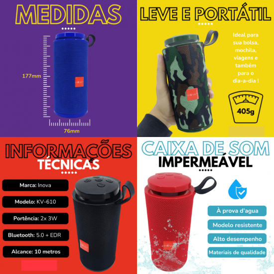 Caixa De Som Rádio Bluetooth Portátil Sem Fio Com LED - KV-610