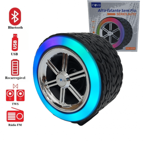 Caixa Som Roda Pneu Carro Portátil Bluetooth Potente Original Inova Com Led Rgb