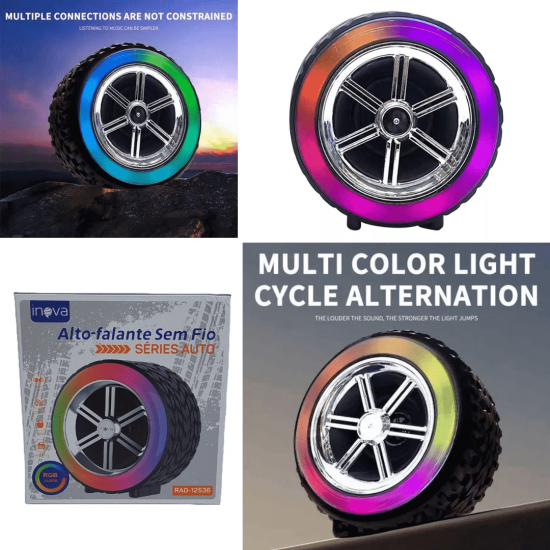 Caixa Som Roda Pneu Carro Portátil Bluetooth Potente Original Inova Com Led Rgb