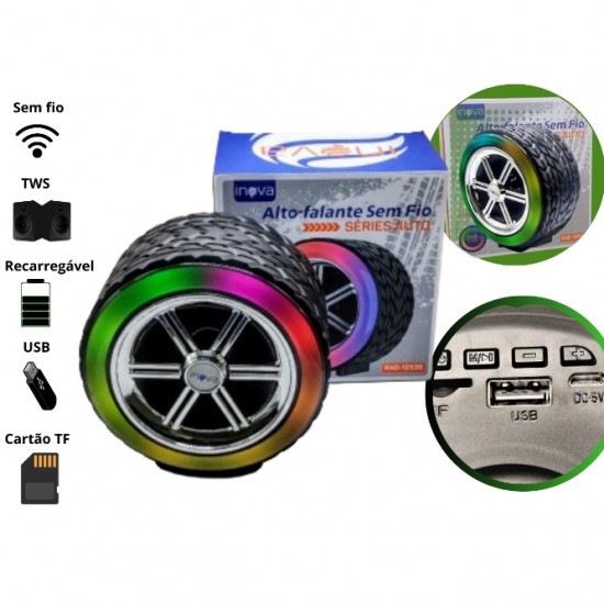 Caixa Som Roda Pneu Carro Portátil Bluetooth Potente Original Inova Com Led Rgb