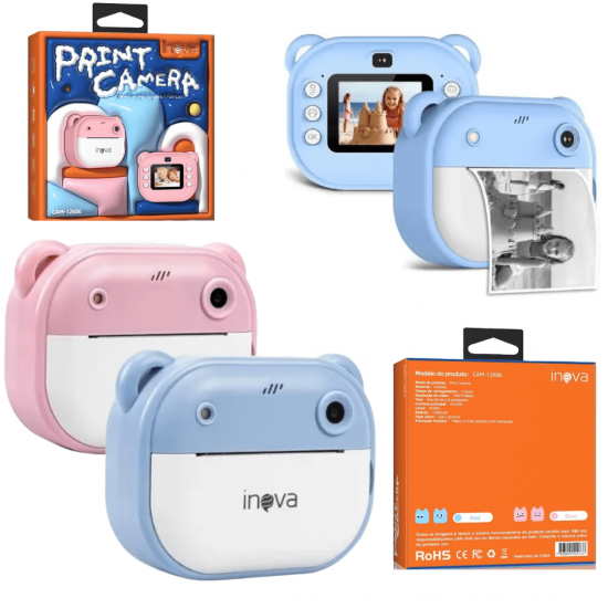 Câmera Digital Infantil Portátil 20MP, Tela de 2 Polegadas, 200 dpi, Resolução 1080P, Impressão Instantânea.