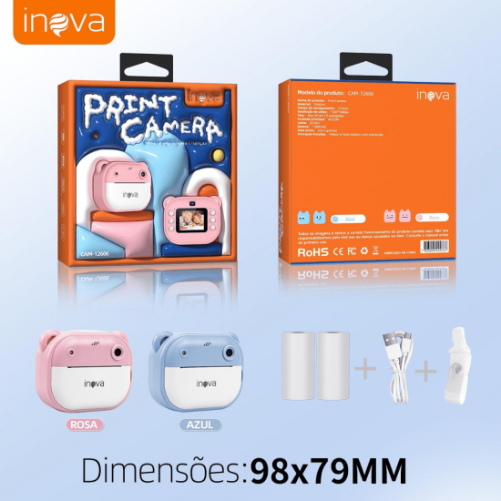 Câmera Digital Infantil Portátil 20MP, Tela de 2 Polegadas, 200 dpi, Resolução 1080P, Impressão Instantânea.