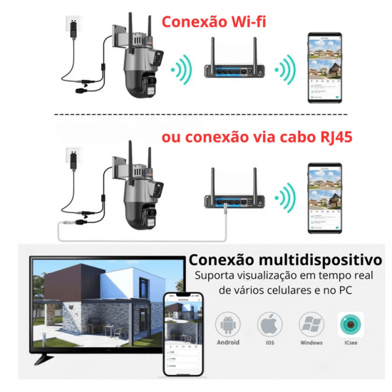 Câmera Externa Sirene Alarme Lente Dupla Visão Noturna Audio Smart Wi-Fi 360º - Inova