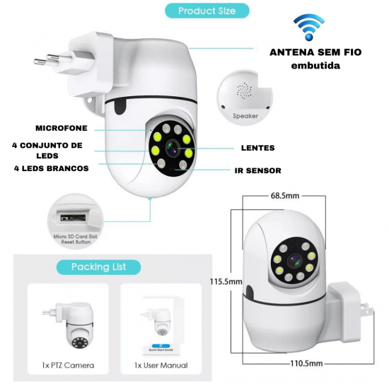 Câmera Tomada Hd Wifi Panorâmica Infravermelho Smart facilidade na instalação - Interna Plug tomada