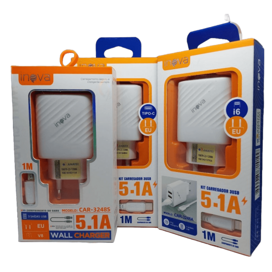 Carregador 5.1A 3 Portas USB C/ Cabo Lightning, v8 e/ou tipo-c - INOVA CAR-3248