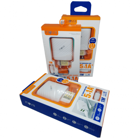 Carregador 5.1A 3 Portas USB C/ Cabo Lightning, v8 e/ou tipo-c - INOVA CAR-3248