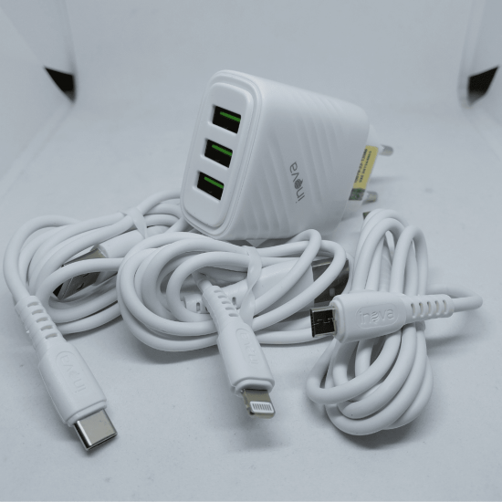 Carregador 5.1A 3 Portas USB C/ Cabo Lightning, v8 e/ou tipo-c - INOVA CAR-3248