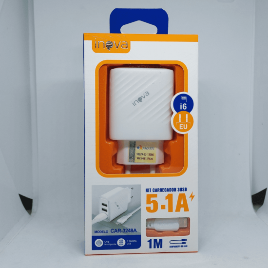 Carregador 5.1A 3 Portas USB C/ Cabo Lightning, v8 e/ou tipo-c - INOVA CAR-3248