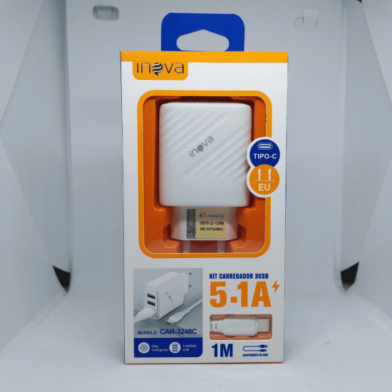 Carregador 5.1A 3 Portas USB C/ Cabo Lightning, v8 e/ou tipo-c - INOVA CAR-3248