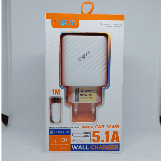 Carregador 5.1A 3 Portas USB C/ Cabo Lightning, v8 e/ou tipo-c - INOVA CAR-3248