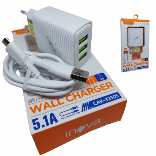 Carregador 5.1A 3 Portas USB C/ Cabo Lightning, v8 e/ou tipo-c - INOVA CAR-3250