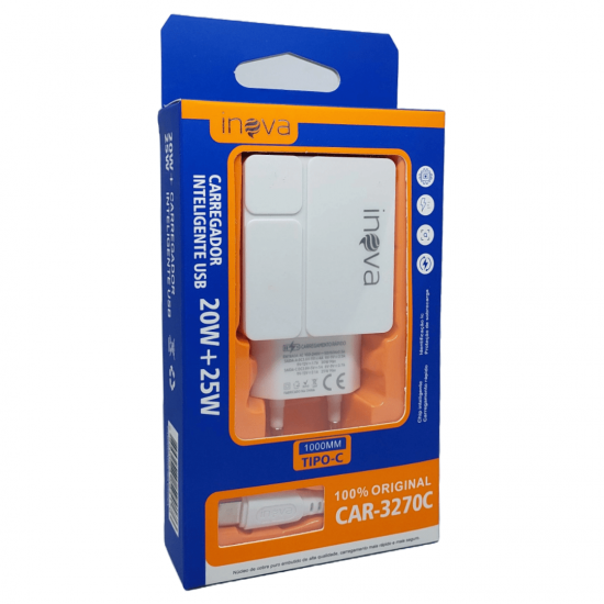 CARREGADOR COM 2 ENTRADAS (TIPO C E USB) 20W+25W, CABO USB 1M PARA TIPO-C - INOVA
