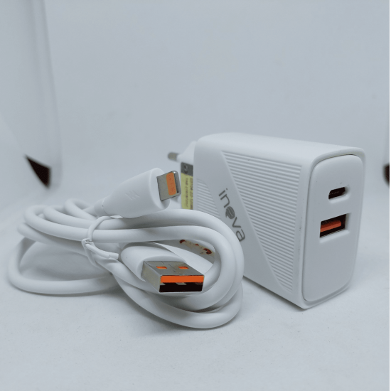 CARREGADOR COM 2 ENTRADAS (TIPO C E USB) 6.1A 48W+ CABO USB 1M PARA IPHONE LIGHTING - INOVA