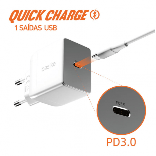 Carregador de Parede Turbo Basike Ba CAR068 - USB C, 20W, PD 3.0, Quick Charge