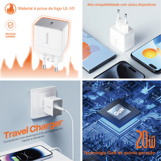 Carregador de Parede Turbo Basike Ba CAR068 - USB C, 20W, PD 3.0, Quick Charge