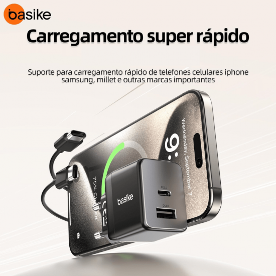 Carregador de Parede Turbo Basike Ba CAR069 – USB-C + USB-A, 20W, PD 3.0, Quick Charge QC3.0