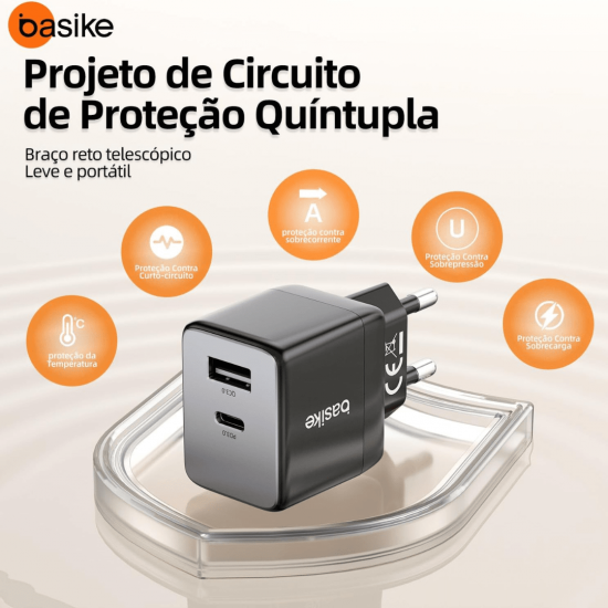Carregador de Parede Turbo Basike Ba CAR069 – USB-C + USB-A, 20W, PD 3.0, Quick Charge QC3.0