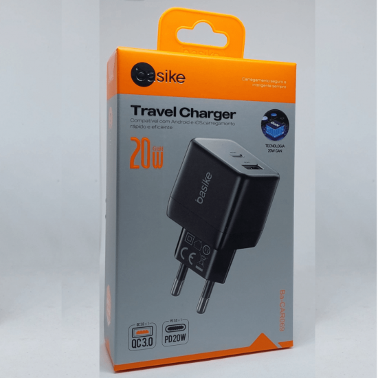 Carregador de Parede Turbo Basike Ba CAR069 – USB-C + USB-A, 20W, PD 3.0, Quick Charge QC3.0