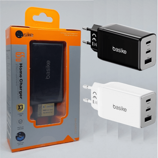 Carregador de Parede Turbo Basike Ba CAR072 – 65W, 2x USB-C + 1x USB-A, PD 3.0, QC3.0