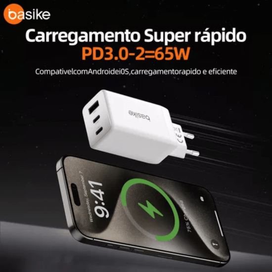 Carregador de Parede Turbo Basike Ba CAR072 – 65W, 2x USB-C + 1x USB-A, PD 3.0, QC3.0