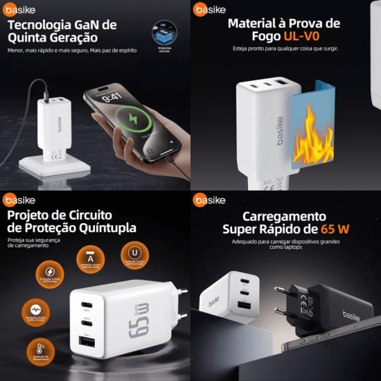 Carregador de Parede Turbo Basike Ba CAR072 – 65W, 2x USB-C + 1x USB-A, PD 3.0, QC3.0