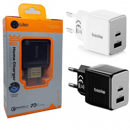 Carregador de Parede Turbo Basike – USB-C + USB-A, 30W, PD 3.0, Quick Charge QC3.0