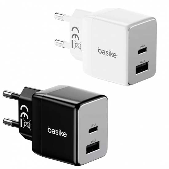 Carregador de Parede Turbo Basike – USB-C + USB-A, 30W, PD 3.0, Quick Charge QC3.0